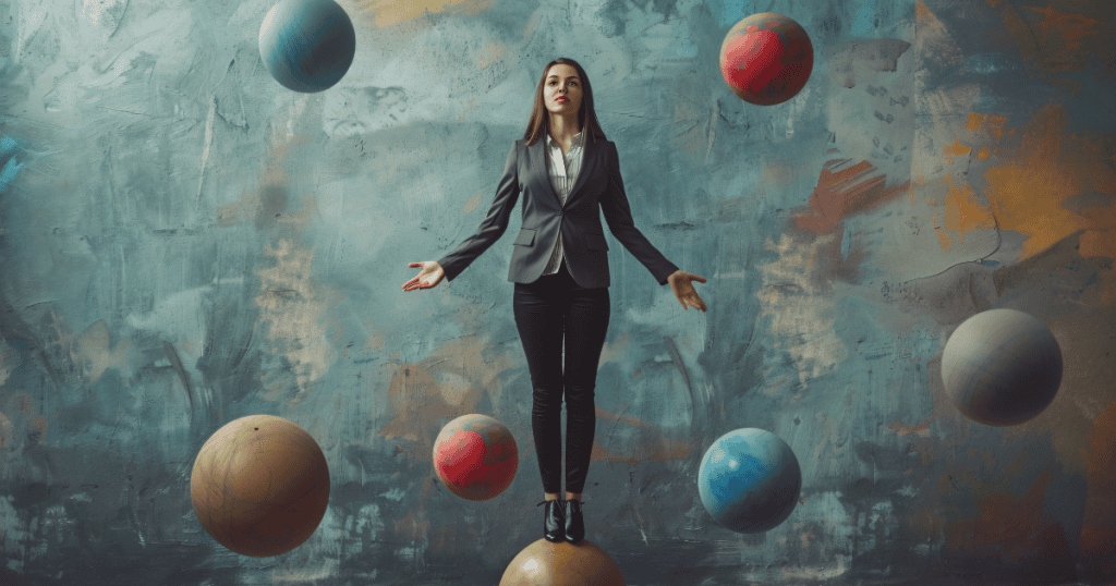 A woman stands perfectly still amidst a surreal background of floating orbs, finding a precarious sense of security by minimizing her movement within the chaos.