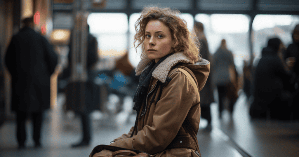 A woman with curly hair sits in a busy, blurred terminal and looks back over her shoulder, her apprehensive eyes suggesting the outside world feels more daunting than the familiar.