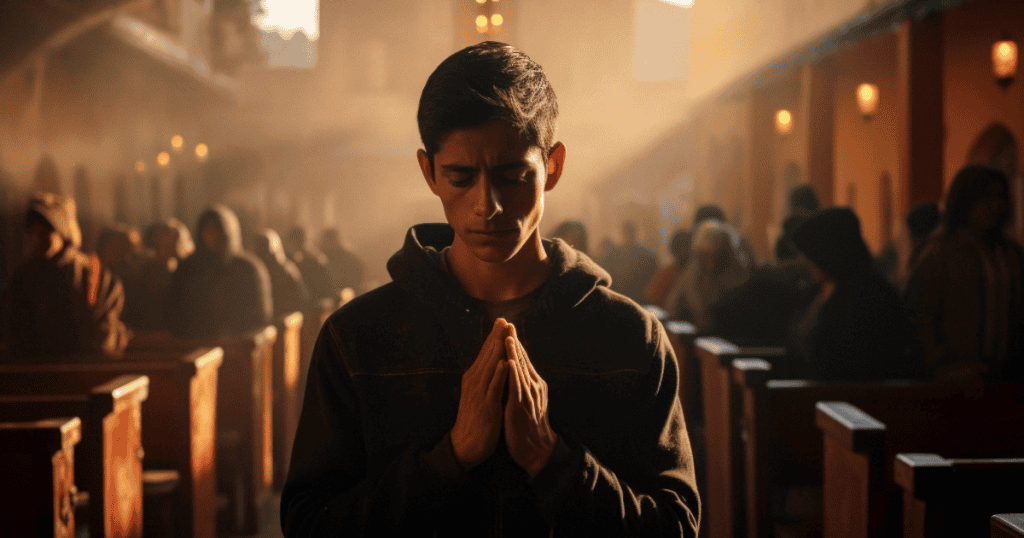 A young man prays with intense focus in a hazy cathedral, his outward display of devotion serving as a complex, performative shield.
