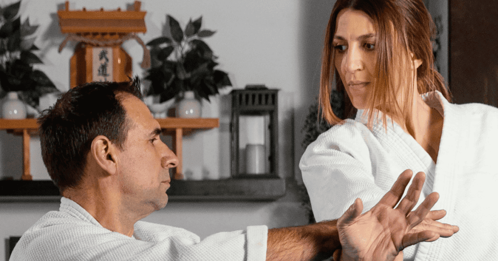 Two people engage in a focused on offensive physical ecahnges, depicting the constant, structured interaction required to maintain a sense of balance and stability.