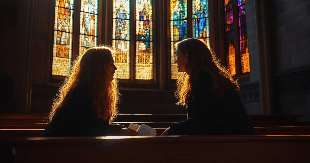 Two figures sit in a dark pew illuminated by vibrant stained glass, their intimate talk framed by a setting that validates their self-importance.