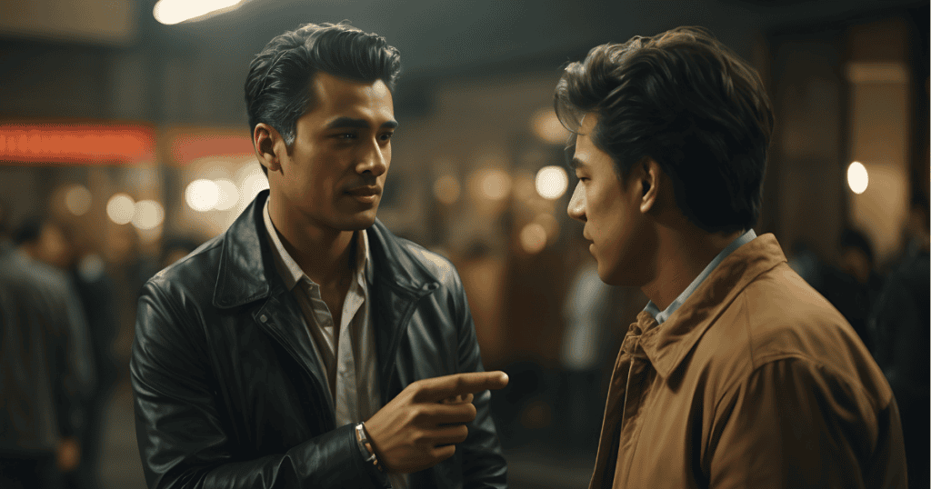 A man in a leather jacket points a finger toward his companion during a nighttime conversation, suggesting the assertive, dominant traits that can shape a person's verbal delivery.