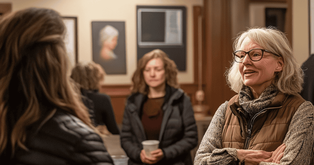 An older woman with a kind, open expression speaks to another person, her visible empathy making her an unsuspecting focus for others.