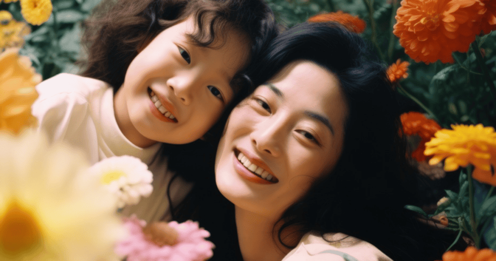 A woman and child press their faces together while smiling among vibrant orange flowers, symbolizing the beautiful flourishing that happens when a child feels truly secure.