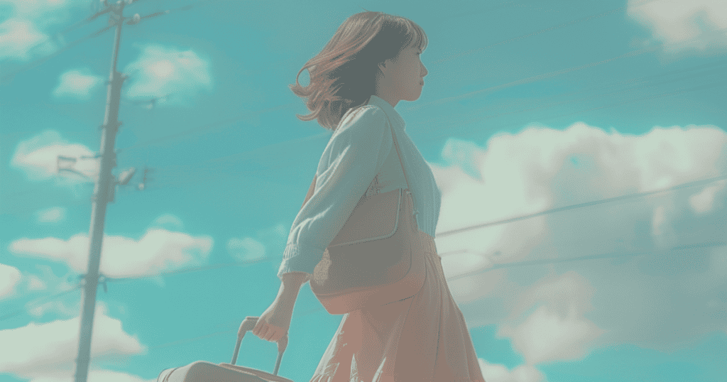 A woman walks toward a bright horizon while pulling a suitcase behind her, the soft blue sky emphasizing the relief found in finally moving past a state of total exhaustion.