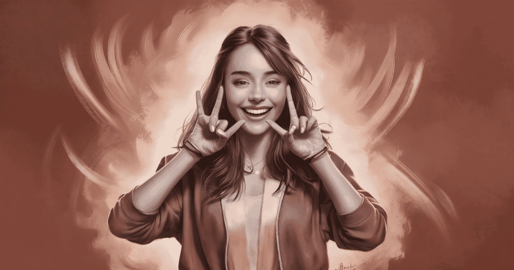 A vibrant woman smiles brightly while framing her face with her hands against a backdrop of radiating light, symbolizing a joyful emergence into the center of her own life.