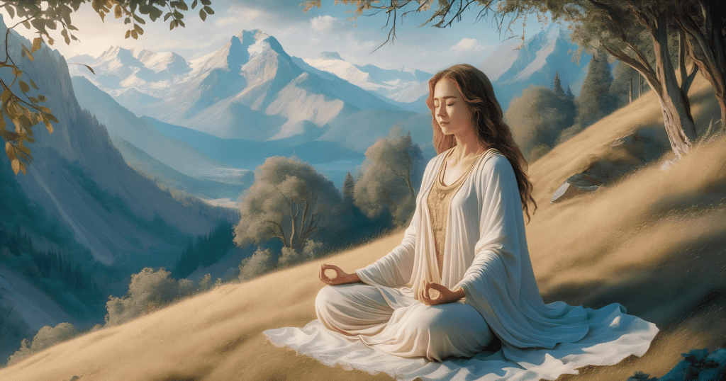 A woman meditates in a peaceful mountain valley, finding a tranquil center far removed from the external blame once placed upon her.