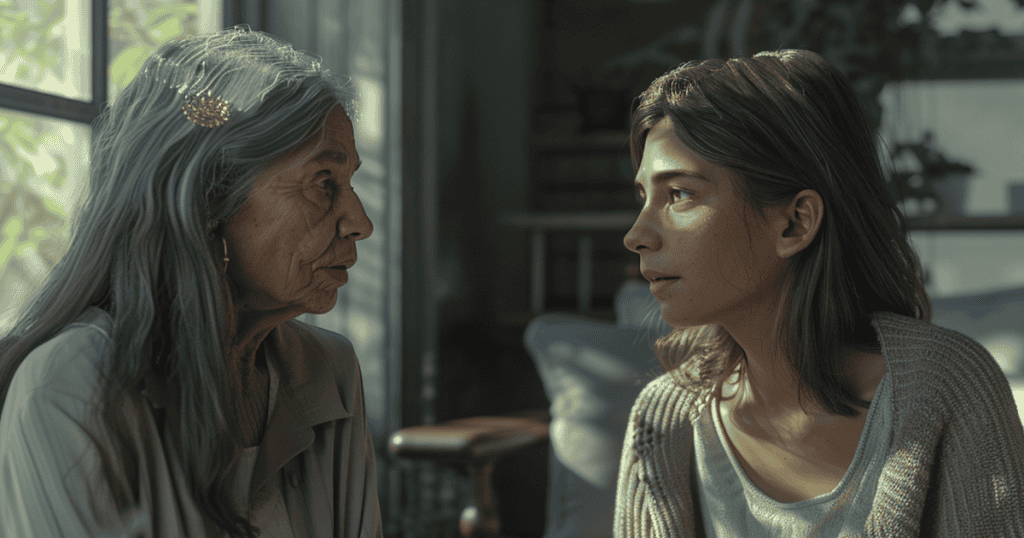 A young woman looks intently at an elderly woman in a dim room, her sharp gaze signaling a transition from blind belief to newfound clarity.