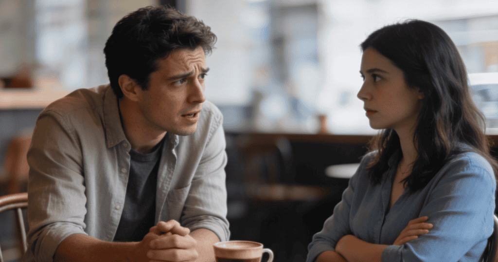 A man leans forward over a coffee cup with an intense, appealing expression while a woman listens with her arms crossed, capturing a moment where a seemingly earnest apology subtly pivots toward a justification.