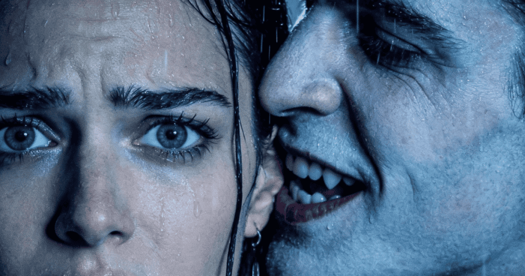 A close-up reveals a man with a menacing smile whispering directly into the ear of a wide-eyed, terrified woman in a rain-slicked setting, highlighting the invasive nature of words meant to trigger an immediate emotional response.