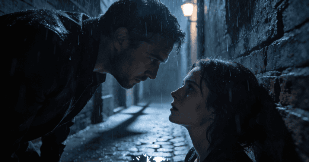 A man and a woman stand close together facing one another in a dark, rain-soaked alleyway under the glow of a street lamp, illustrating an intense, dramatic confrontation designed to draw someone back into a tight emotional space.