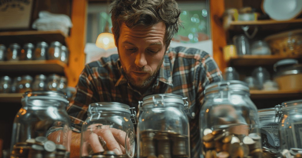 A man intensely focuses on sorting coins into several glass jars, demonstrating the quiet burden of managing every detail of a shared life.