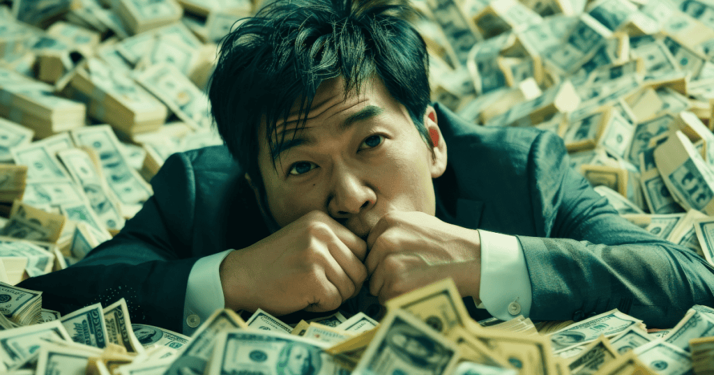 A man lies face-down within a massive sea of cash, illustrating how a partner's consumption can leave another submerged in the aftermath.