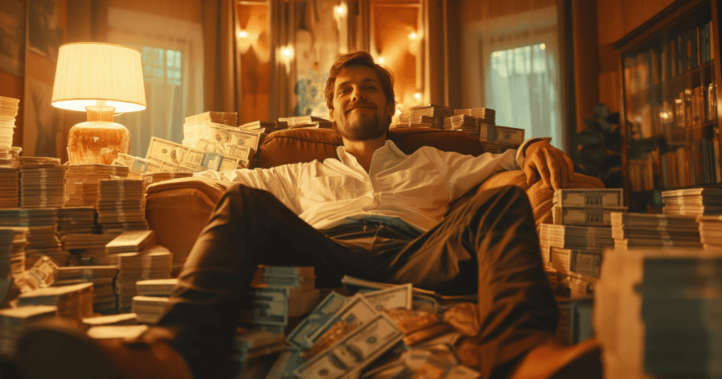 A man reclines smugly in a chair surrounded by towering stacks of money, showing the ease of one's comfort when built upon another’s sacrifice.