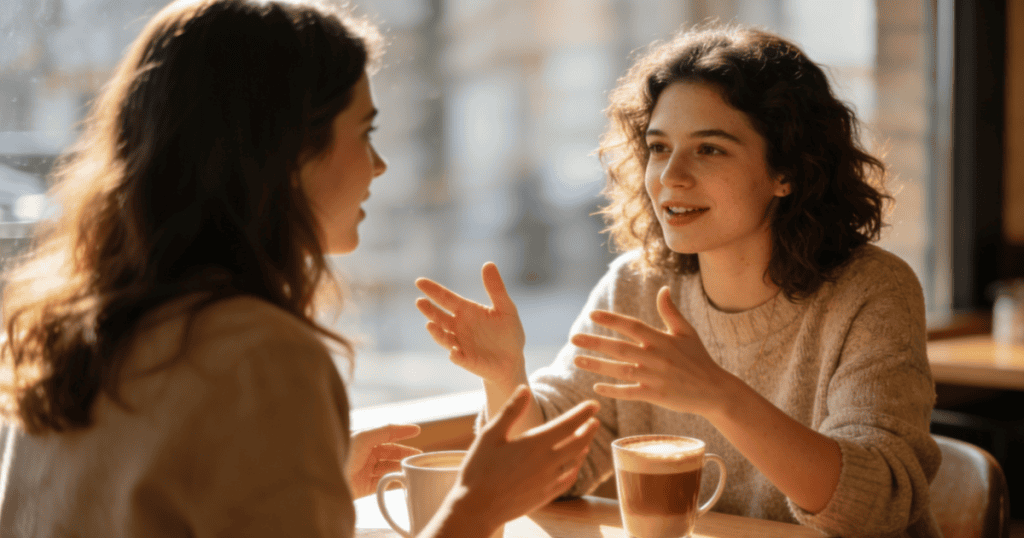A young woman with curly hair speaks animatedly with open hands across a sunlit cafe table, presenting a warm and highly persuasive facade of transformation.