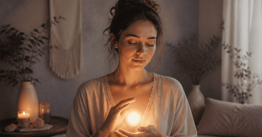 A young woman gazes down serenely at a glowing crystal ball held between her hands in a dimly lit, cozy room, illustrating an intense, wishful focus on a idealized future that isn't grounded in current reality.