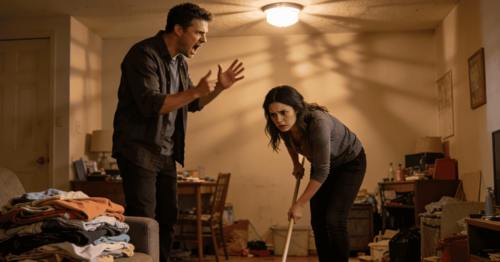 A man shouts furiously in a disorganized room while a woman bends over to sweep the floor with a vulnerable expression, highlighting a stark domestic imbalance where one partner demands compliance.
