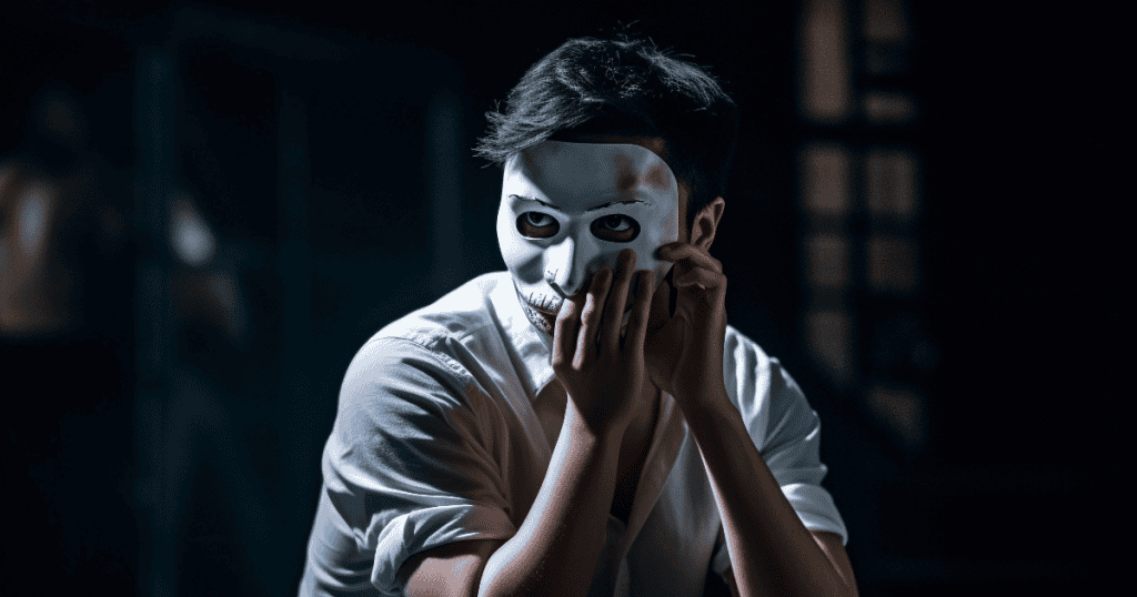 A young man in a white shirt sits in a dark room while adjusting a smooth white mask over his face, demonstrating the point where a hidden identity becomes a tool for navigating society.