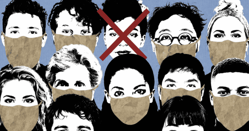 A collage of diverse faces wearing paper masks is marked by a large red "X" over one individual, suggesting a breakdown in collective harmony where self-interest is unmasked.
