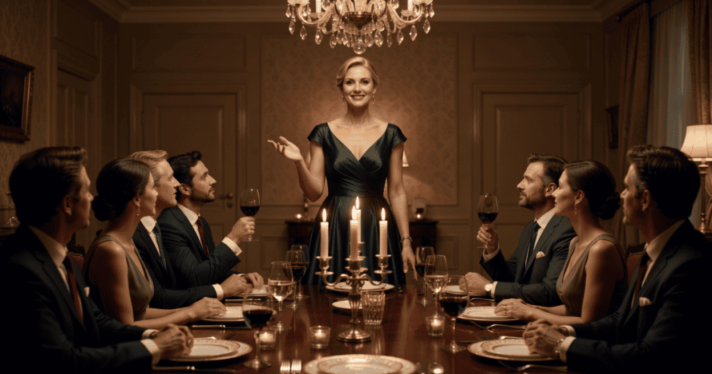 A elegant blonde woman in a green evening gown addresses a formal dinner party with an inviting gesture, illustrating a highly polished social front that operates smoothly in conventional environments.