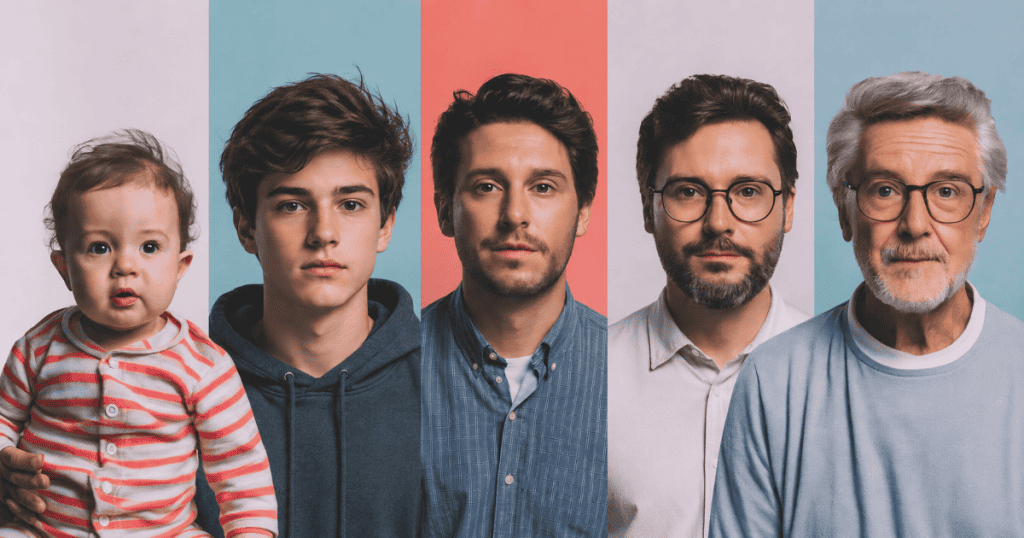 A collage features five portraits of the same male individual ranging from infancy to old age, visualizing the continuous progression of an identity that eventually faces its own fragmentation.