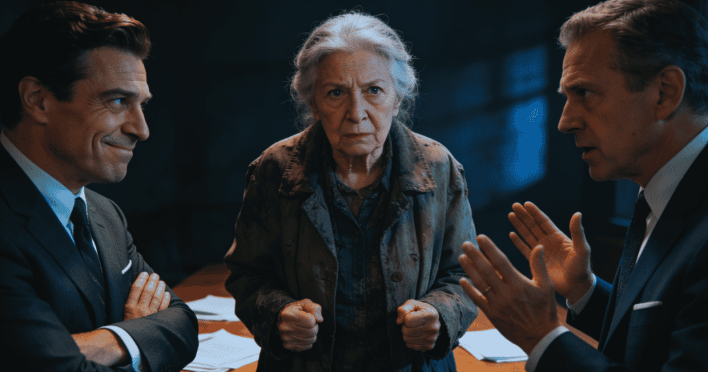 An intense, disheveled older woman stands defiantly between two sharply dressed businessmen who glare across a table, portraying a sudden encounter with an unyielding authority figure.
