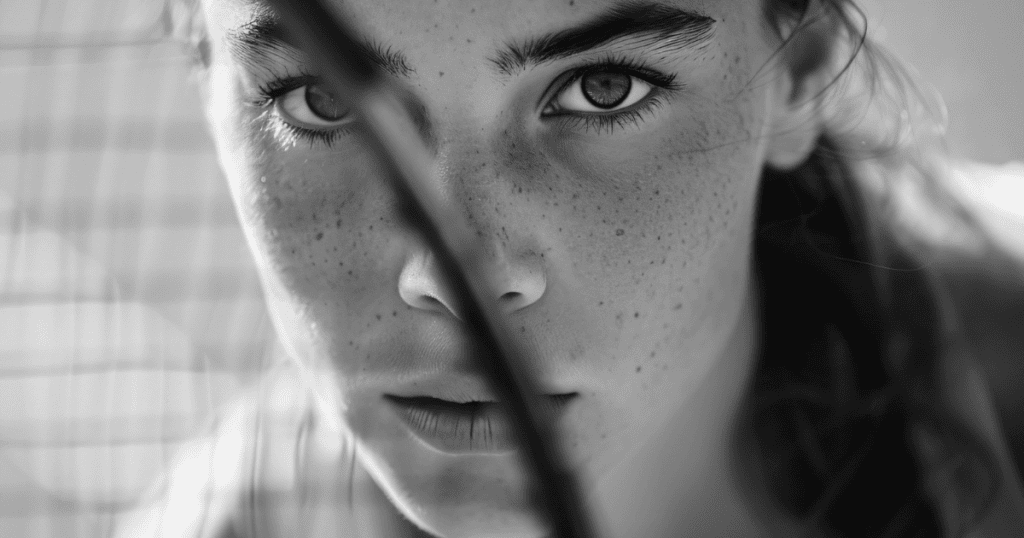 Close-up black and white portrait of a freckled girl looking through wire mesh, capturing a moment of hidden intensity behind a recurring structure.