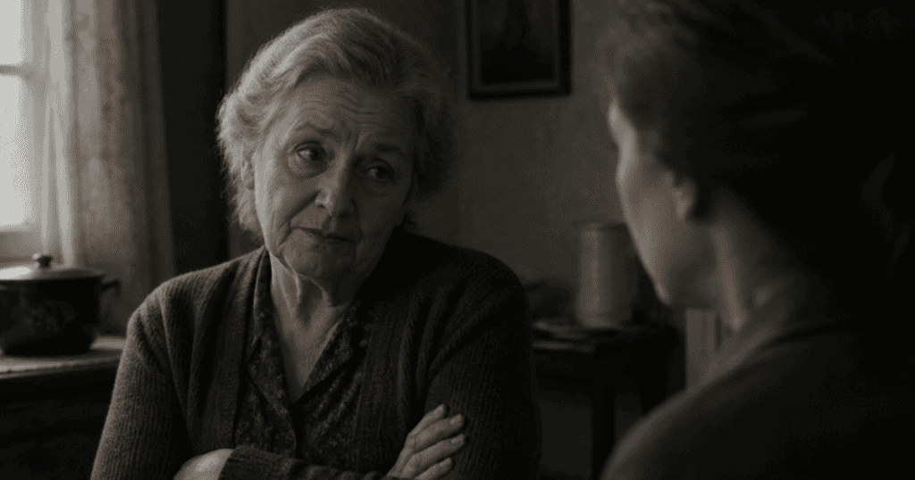 An older woman with gray hair sits with her arms tightly crossed and tilts her head with a fragile, sorrowful expression while listening to another person, demonstrating a highly sympathetic posture that effectively shields against any external scrutiny.