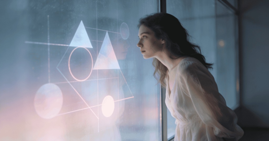 A woman in a white dress looks thoughtfully at a glass window overlaid with glowing geometric lines, symbolizing the precise moment of clarity when the structural blueprint of an exchange becomes fully visible.