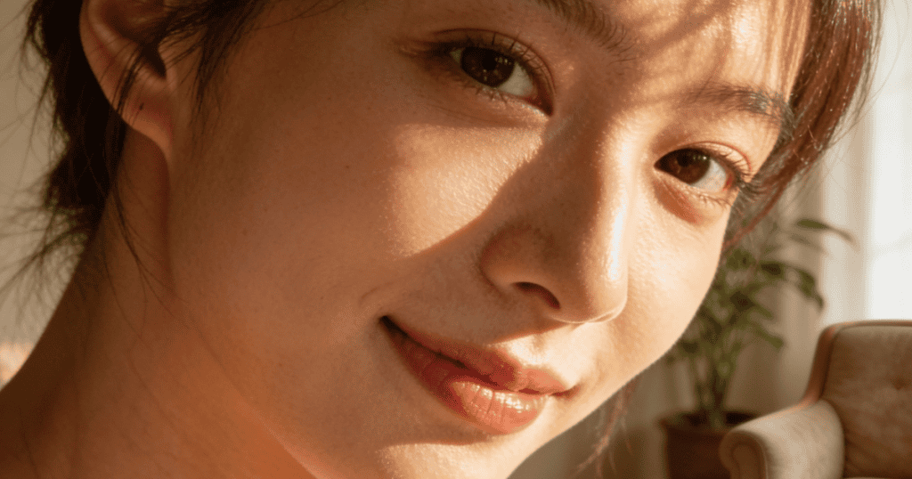 A close-up reveals a young woman's face catching the golden afternoon light as she smiles subtly, capturing a gentle, approachable warmth that requires no power dynamic to exist.