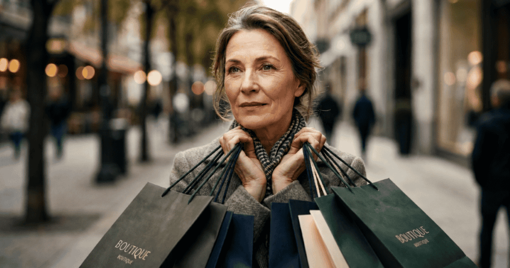 A well-dressed woman carries multiple shopping bags, symbolizing performative spending while avoiding deeper financial responsibility.