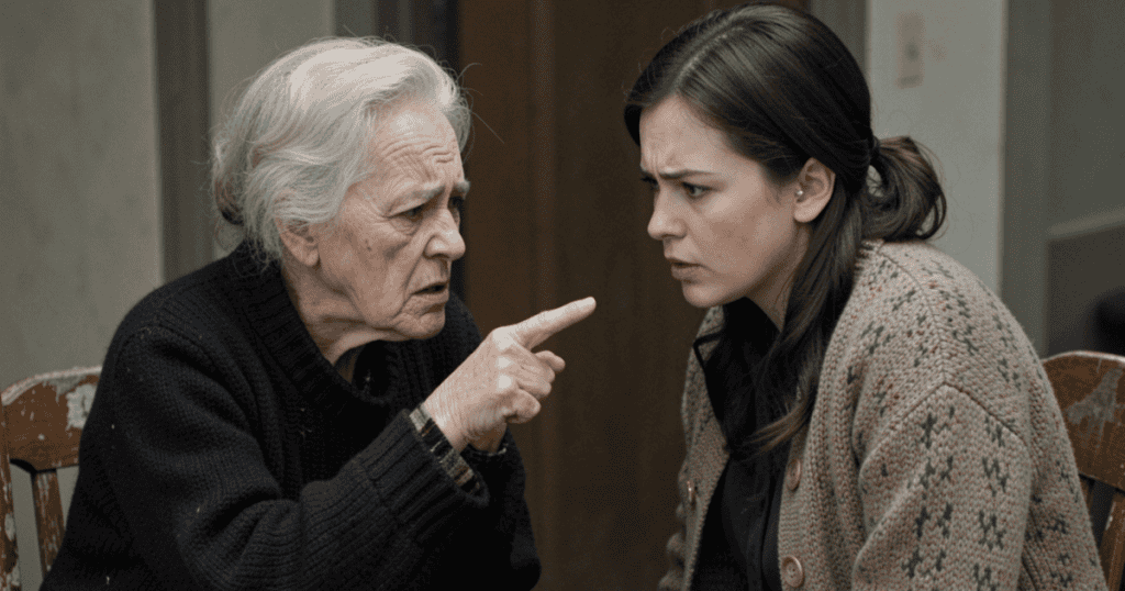 An older woman points an accusatory finger during an intense conversation with a concerned younger woman, capturing a sharp interpersonal conflict where boundaries are being explicitly crossed.