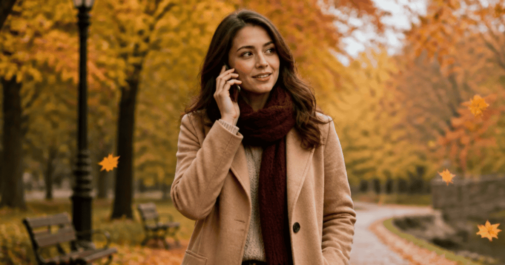 A woman wearing a tan coat and a warm scarf talks on her mobile phone while walking through a scenic park filled with autumn leaves, embodying a peaceful return to personal rhythm and forward momentum.