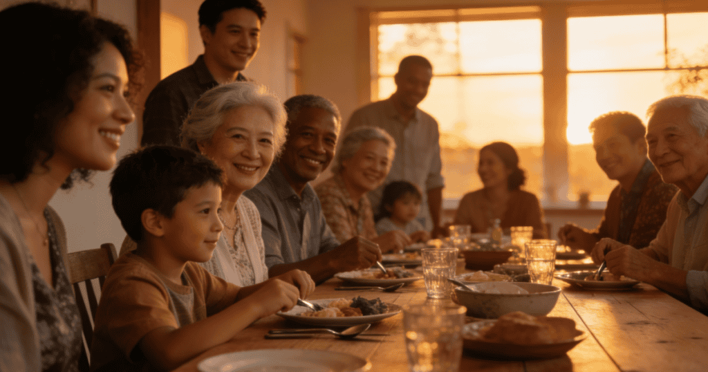 A large multi-generational family sits together sharing a lively meal around a long wooden dinner table at sunset, illustrating a conventional social structure where individuals are neatly categorized by proximity and role.