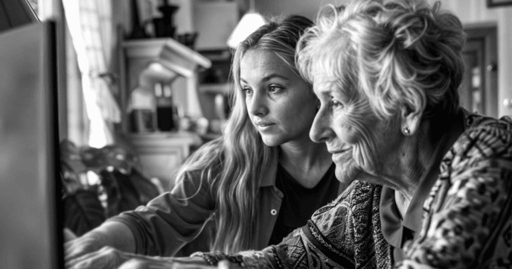 A younger and older woman sit closely together while looking at a screen, capturing the moment a long-standing dynamic is finally seen for what it is.