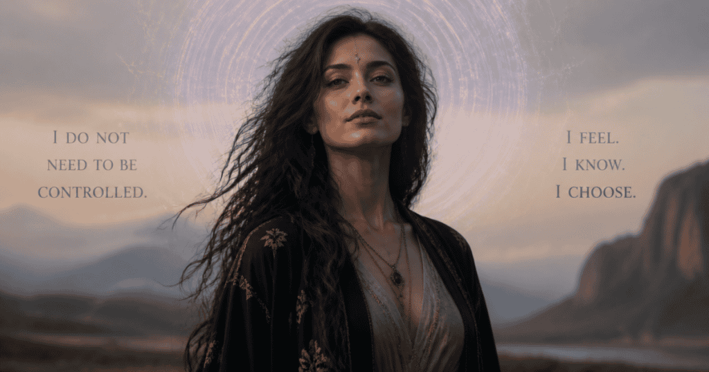 A serene woman with flowing dark hair stands before a mountain landscape framed by overlay text, embodying a sovereign sense of self that refuses to be shaped by external demands.