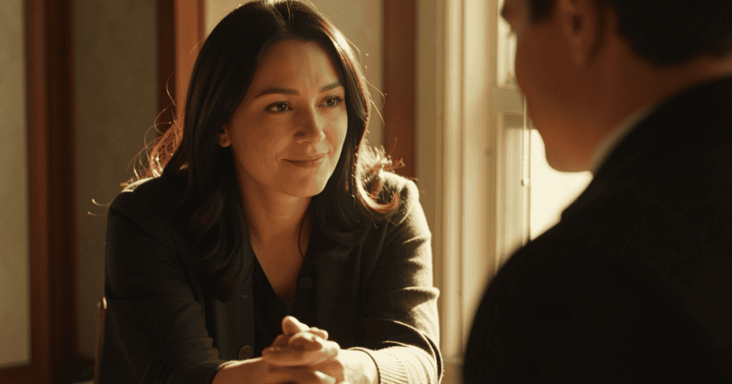 A young woman sits by a window and maintains a gentle, compassionate smile while listening intently to a companion, representing an empathetic focus that project its own warmth onto an unresponsive presence.
