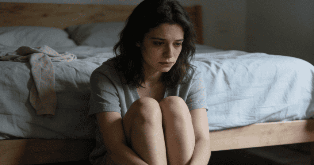 A young woman sits curled up on the floor with her knees pulled tightly to her chest next to an unmade bed, portraying the deep isolation and emotional exhaustion left behind after an unequal bond.