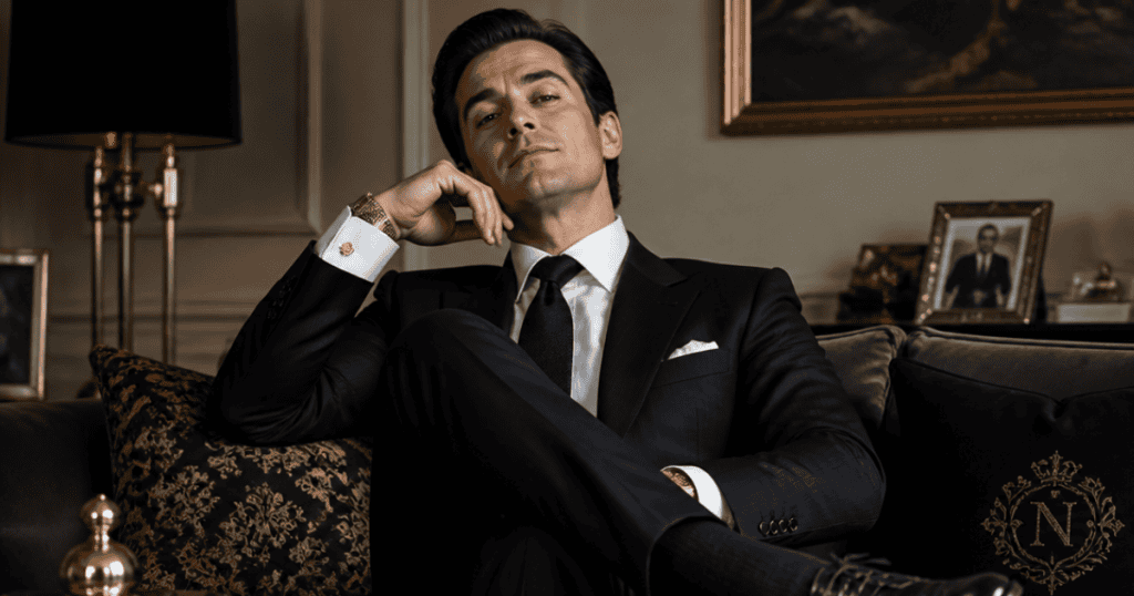 A man dressed in a sharp three-piece suit lounges confidently on a luxurious sofa with a smug, self-satisfied expression, portraying an ingrained sense of superiority that feels entirely justified.