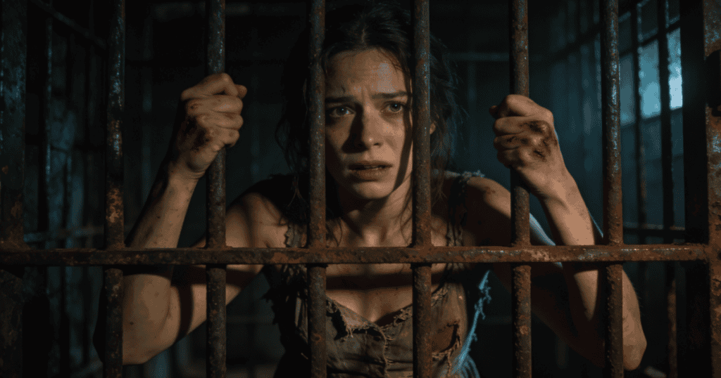 A distressed woman with visible scrapes on her hands looks desperately out from behind thick, rusty iron prison bars, capturing the emotional entrapment of trying to communicate from an entirely separate reality.