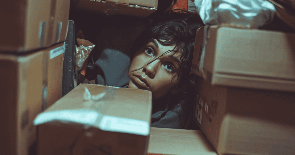 A woman looks out from a narrow gap between heavy, stacked boxes, portraying the feeling of being trapped by weights that were never meant to be hers alone.