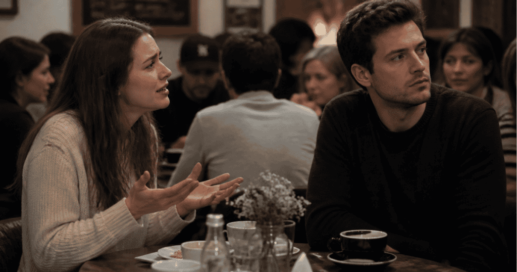 A distressed woman pleads with open hands at a cafe table while a man sits beside her looking away indifferently, capturing a sudden emotional detachment that leaves a partner's vulnerability completely unreciprocated.