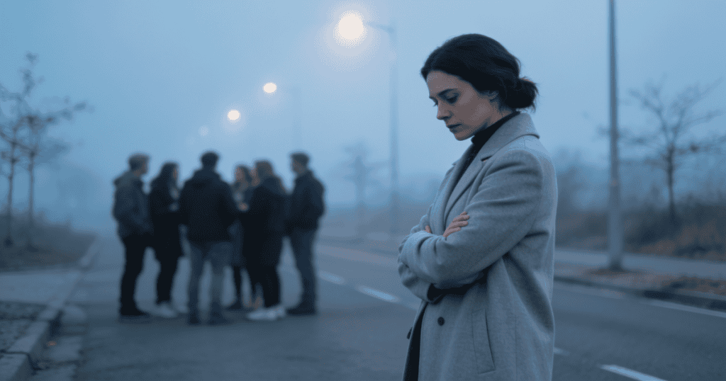 A woman stands with arms crossed on a foggy street while a blurred group of friends talks in the background, subtly highlighting why you might distance yourself from everyone who might see it clearly.