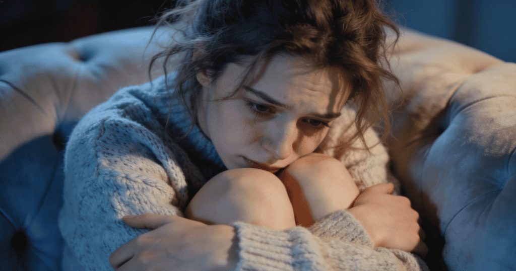 A young woman sits curled up in a large armchair with a deeply sad and downcast expression, capturing a heavy feeling of isolating emotional exhaustion as if you were trained to carry what wasnโt yours.