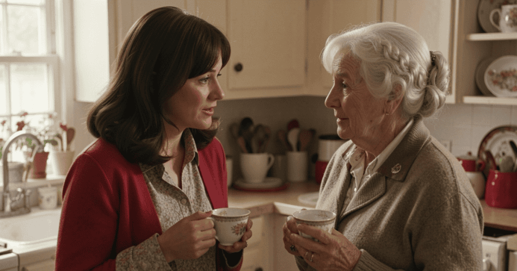 A younger woman and an elderly woman stand in a kitchen holding teacups while engaging in a deep, earnest conversation, quietly illustrating the moment an intuitive boundaries-holder fundamentally alters a toxic dynamic.