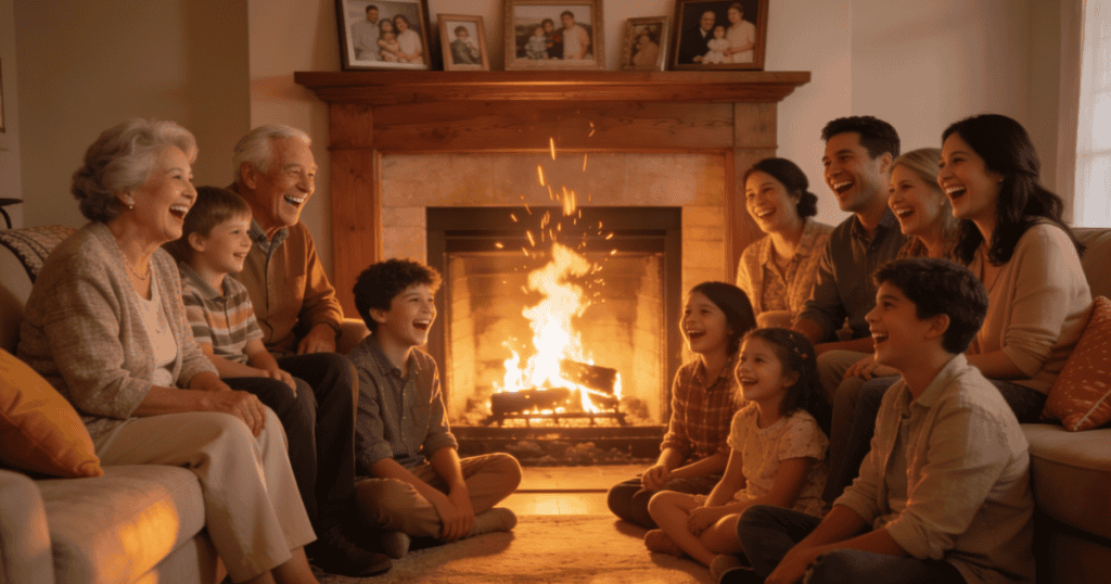 A large, multi-generational family laughs together around a brightly burning living room fireplace, capturing an idealized portrait of extended kinship that subtly highlights the pressure to prioritize ancestral loyalty over the family you built yourself.