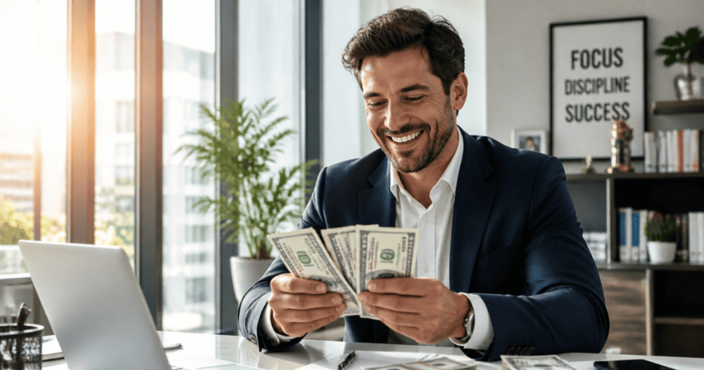 A smiling man in a business suit sits at his office desk counting a fan of hundred-dollar bills in front of his laptop, visually demonstrating one of the key 4 financial tricks narcissists make right before they disappear.