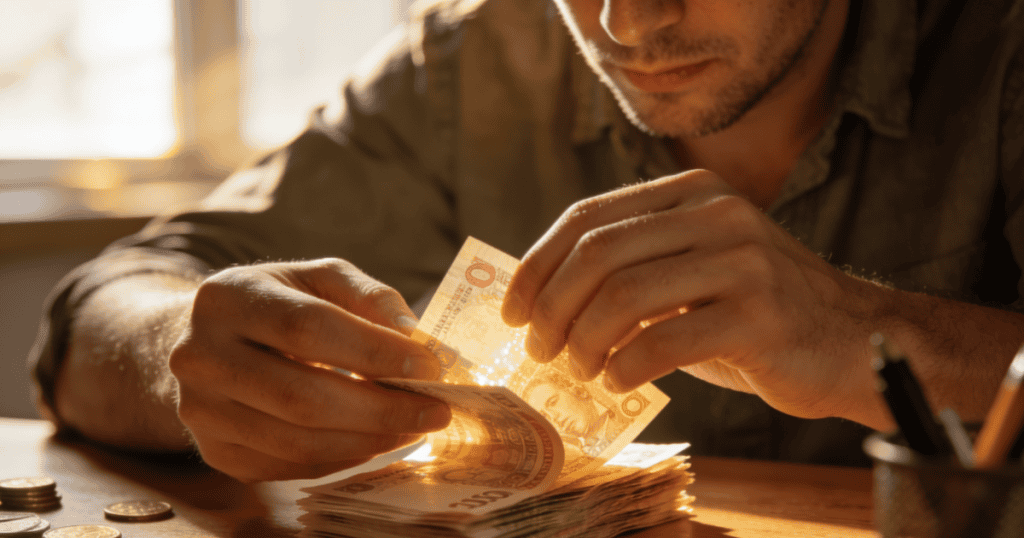 A close-up view shows a manโs hands meticulously counting through a thick stack of banknotes on a wooden table, capturing the quiet, calculated urgency behind the 4 financial tricks narcissists pull 48 hours before they disappear.