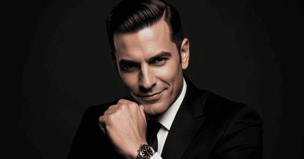 A man in a sharp black suit tilts his chin down while staring directly forward with a calculating, knowing smirk, portraying a subtle heightened alertness when an expected psychological leverage begins to slip away.