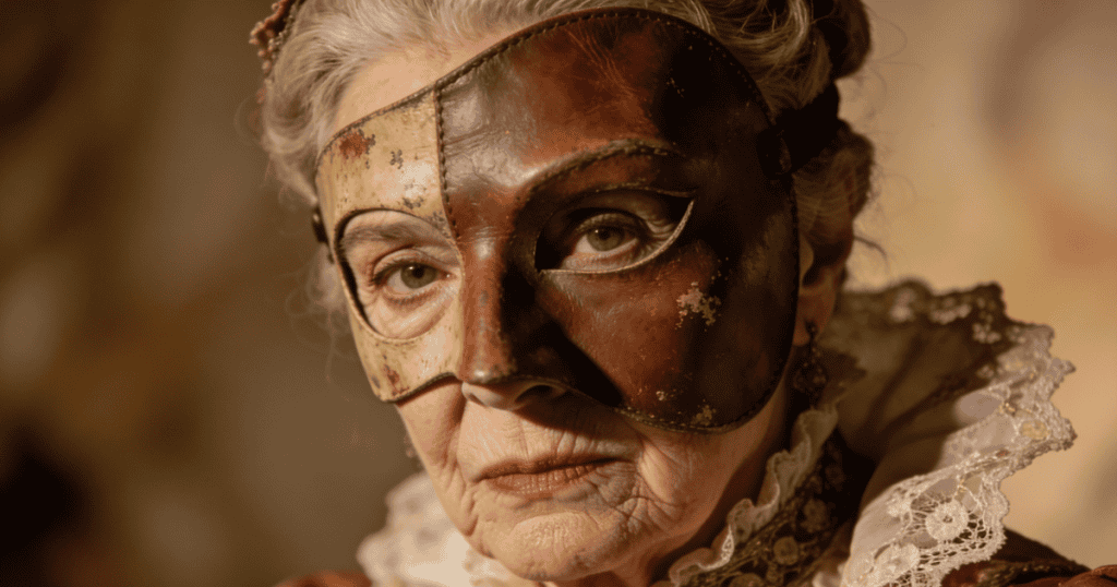 A close-up portrait shows an older woman staring directly forward while wearing a dark, ornate Venetian theater mask over half her face, symbolizing a deeply entrenched hidden persona.